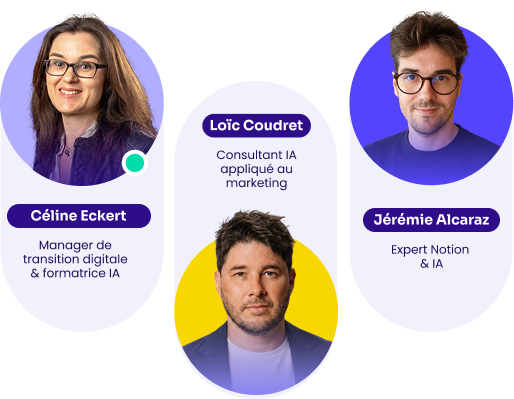 formateurs-blueacademia Trois vignettes avec des portraits de formateurs IA de Blue AcademIA et le détail de leur fonction.